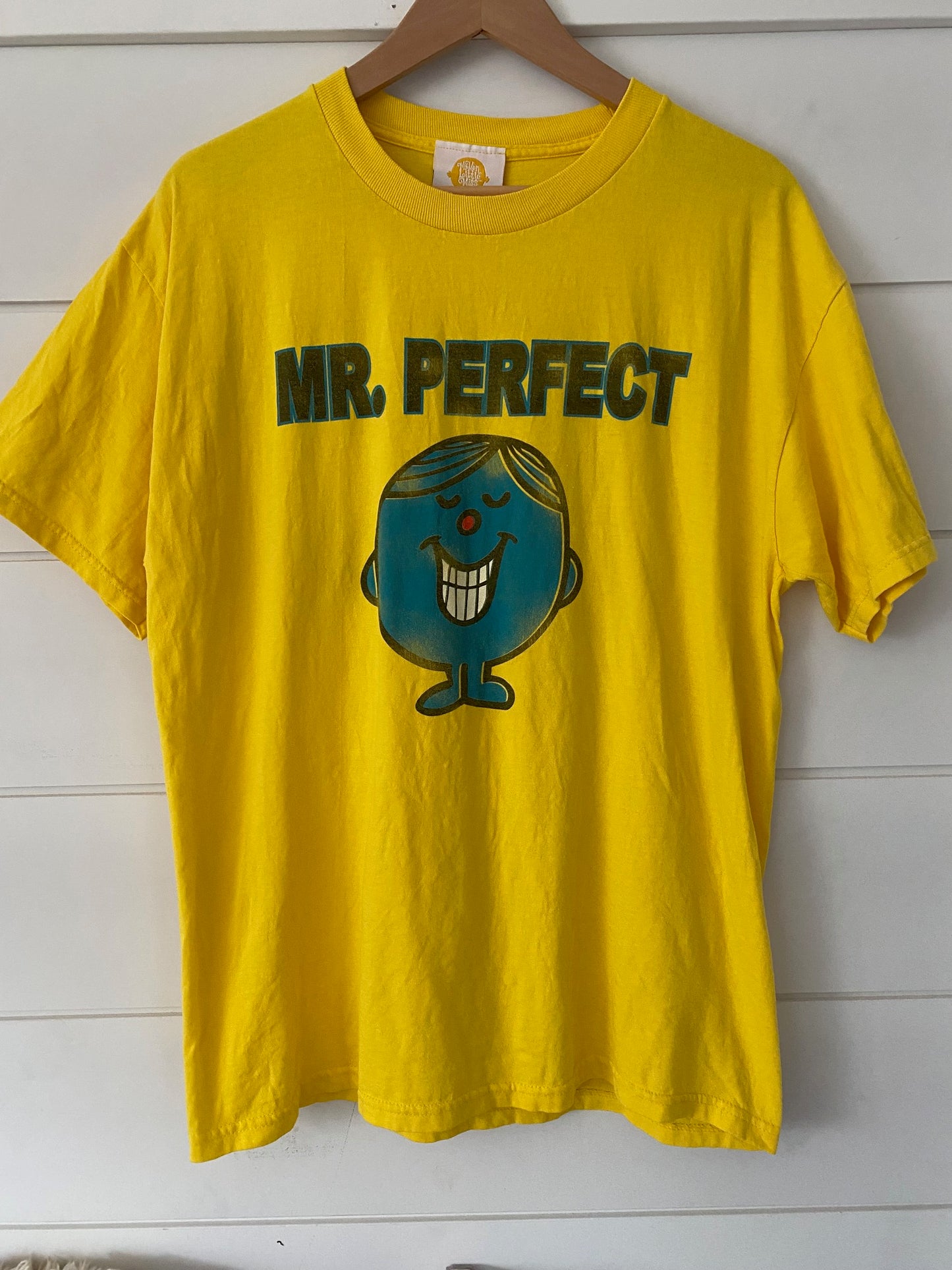 mr. perfect bright yellow t-shirt with a smile on a blue caracter