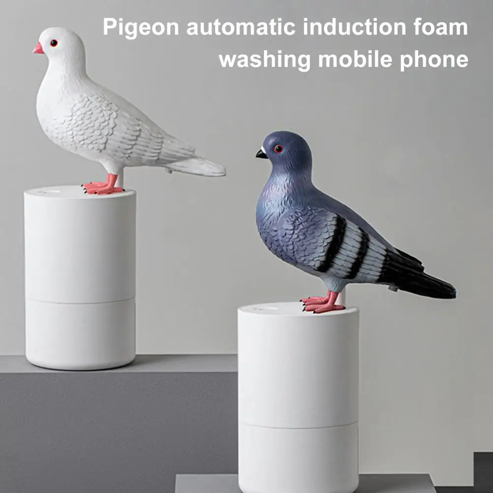 white and grey pigeons on a round white bottles soap dispensor