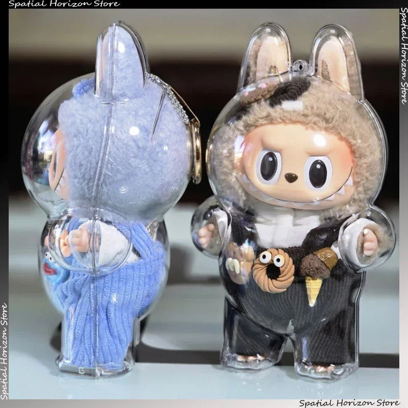 Labubu purple and another brown in plastic cases