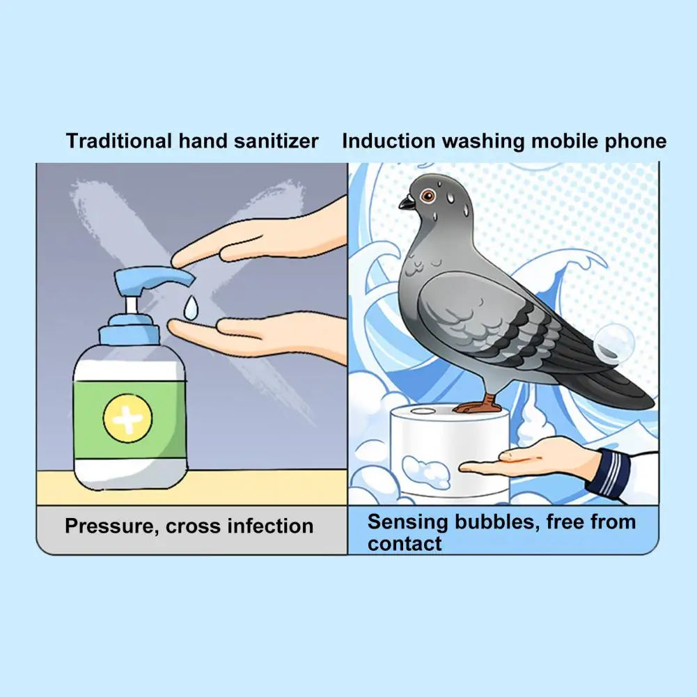 soap dispensor in a cartoon image showing a person using a soap pump and a grey pigeon