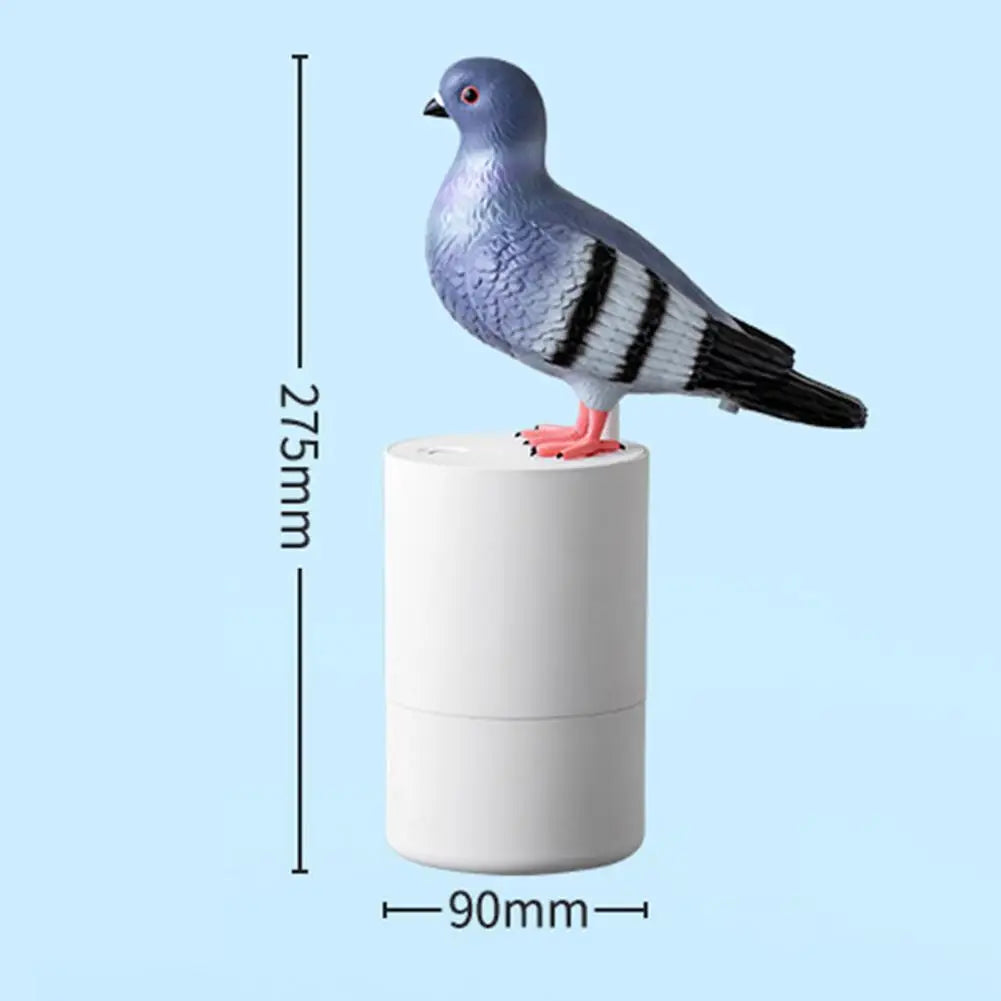 grey pigeon on a round white bottle with size dimensions