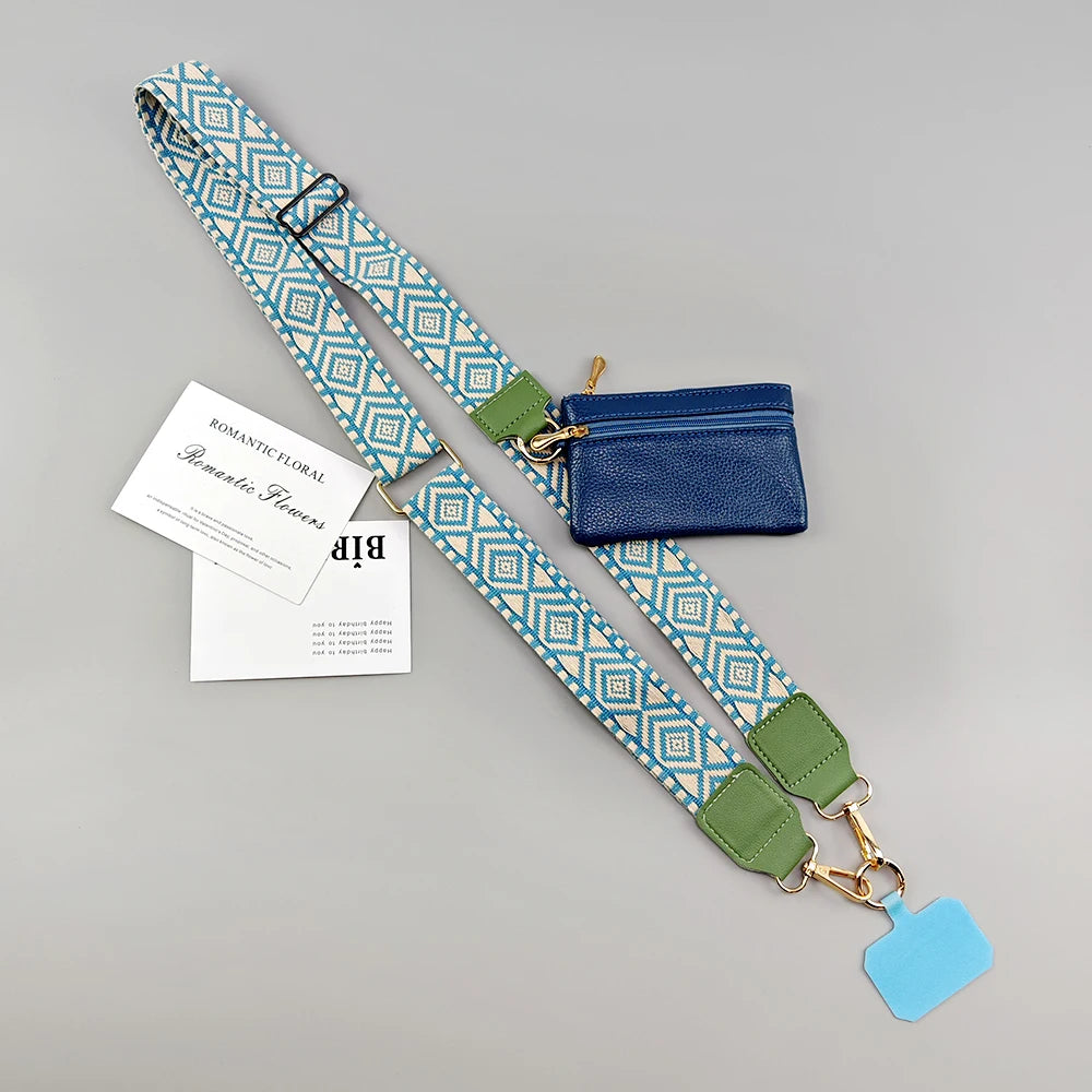 blue and green strap phone holder