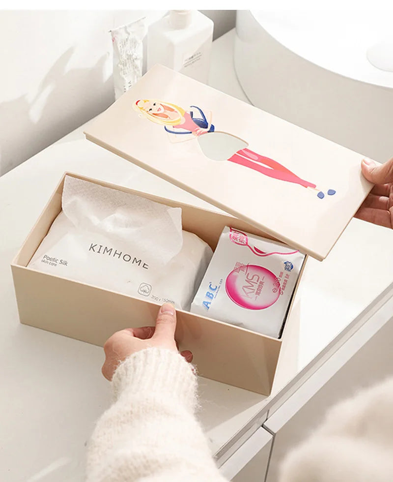 Chic Cartoon Girl Tissue Box Cover – Stylish & Fun Tissue Dispenser