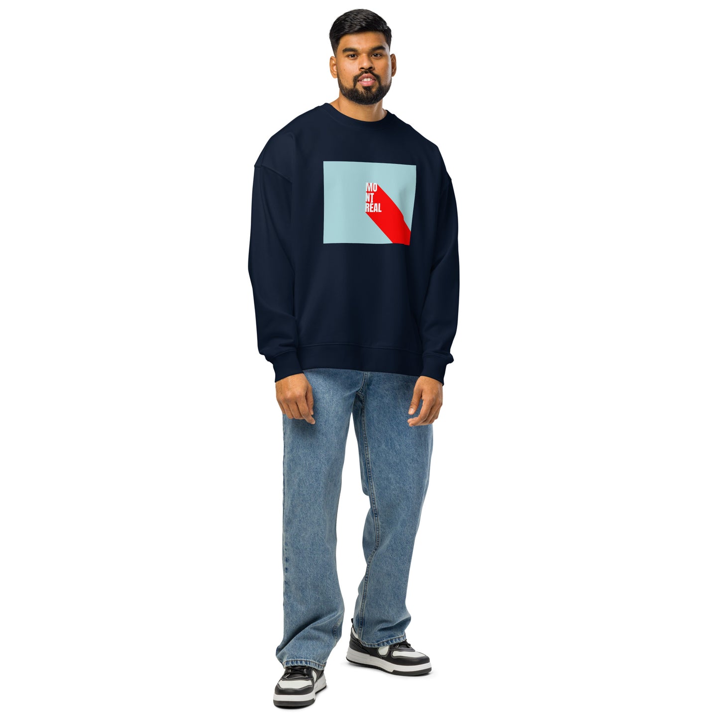 Product mockup Product mockup of a men wearing a navy crewneck with montreal inscription