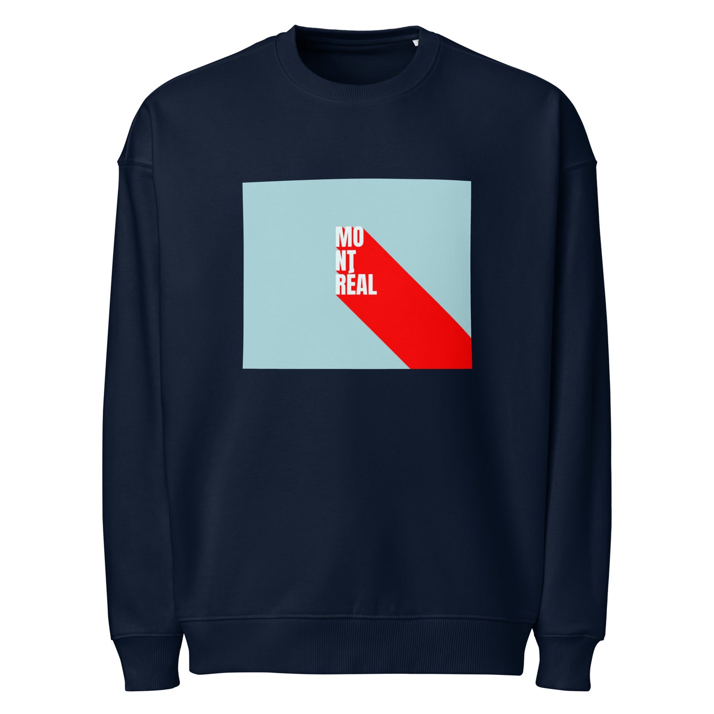 Product mockup of a navy crewneck front view with montreal design