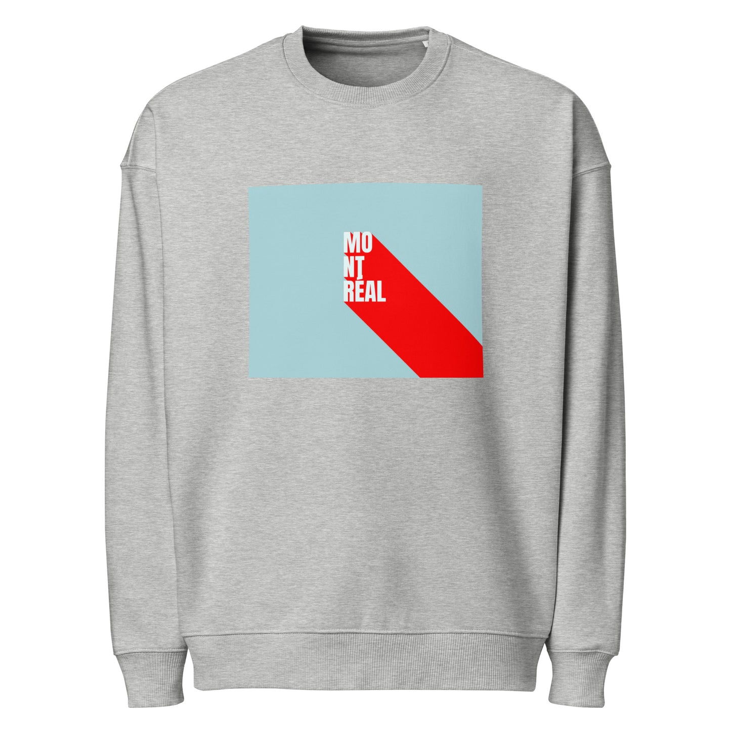 Product mockup front view of a grey sweat crewneck with montreal design in front