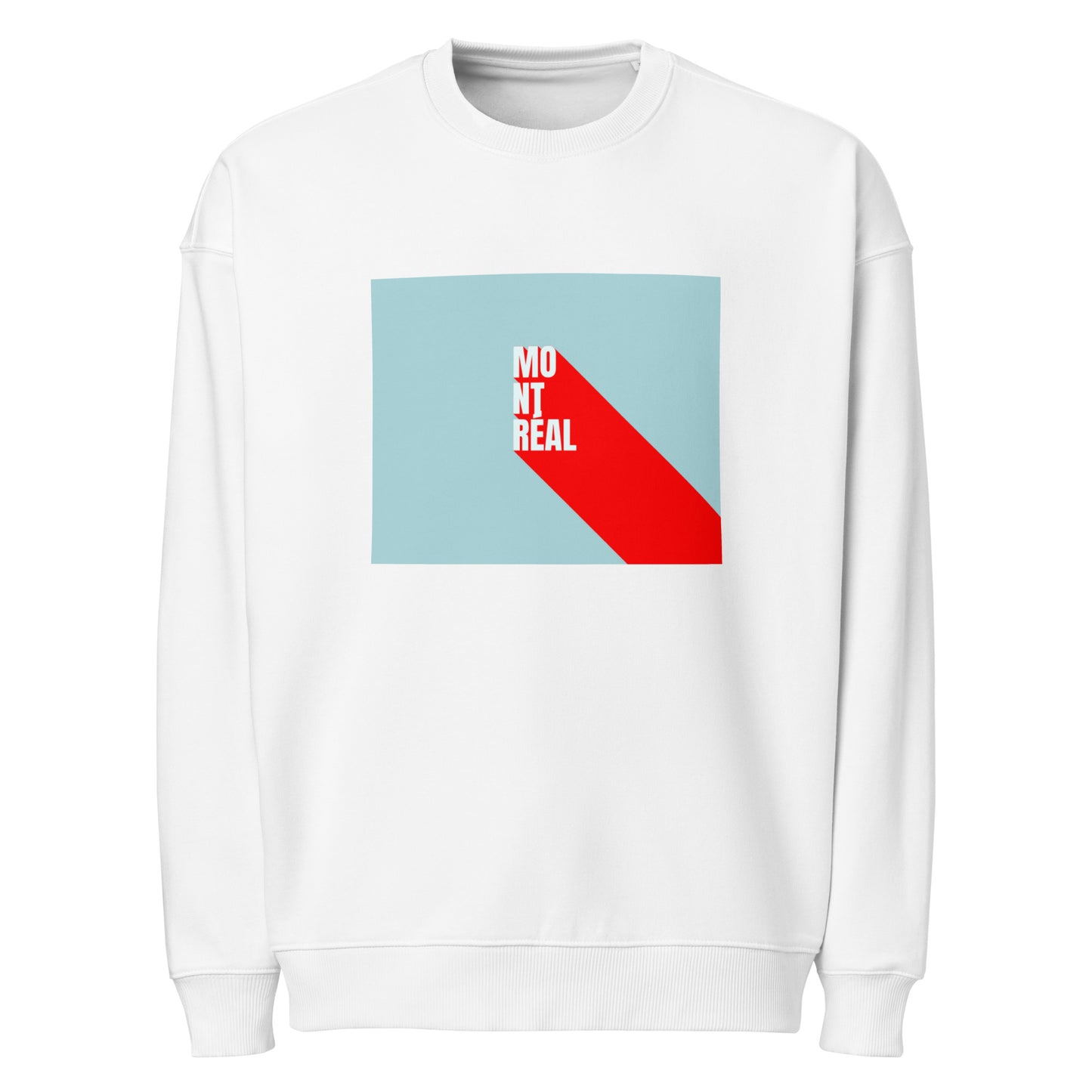 Product mockup with montreal design in front a bleu square and red line