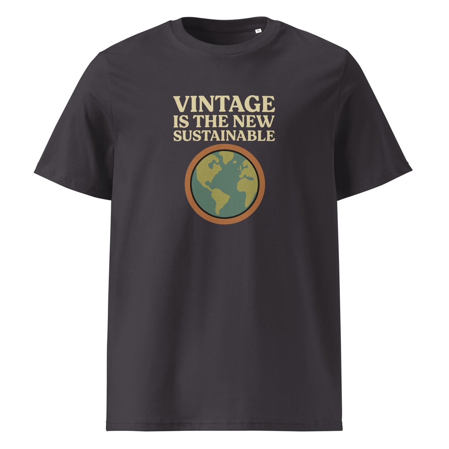 Product mockup grey t-shirt with logo and text vintage is the new sustainable