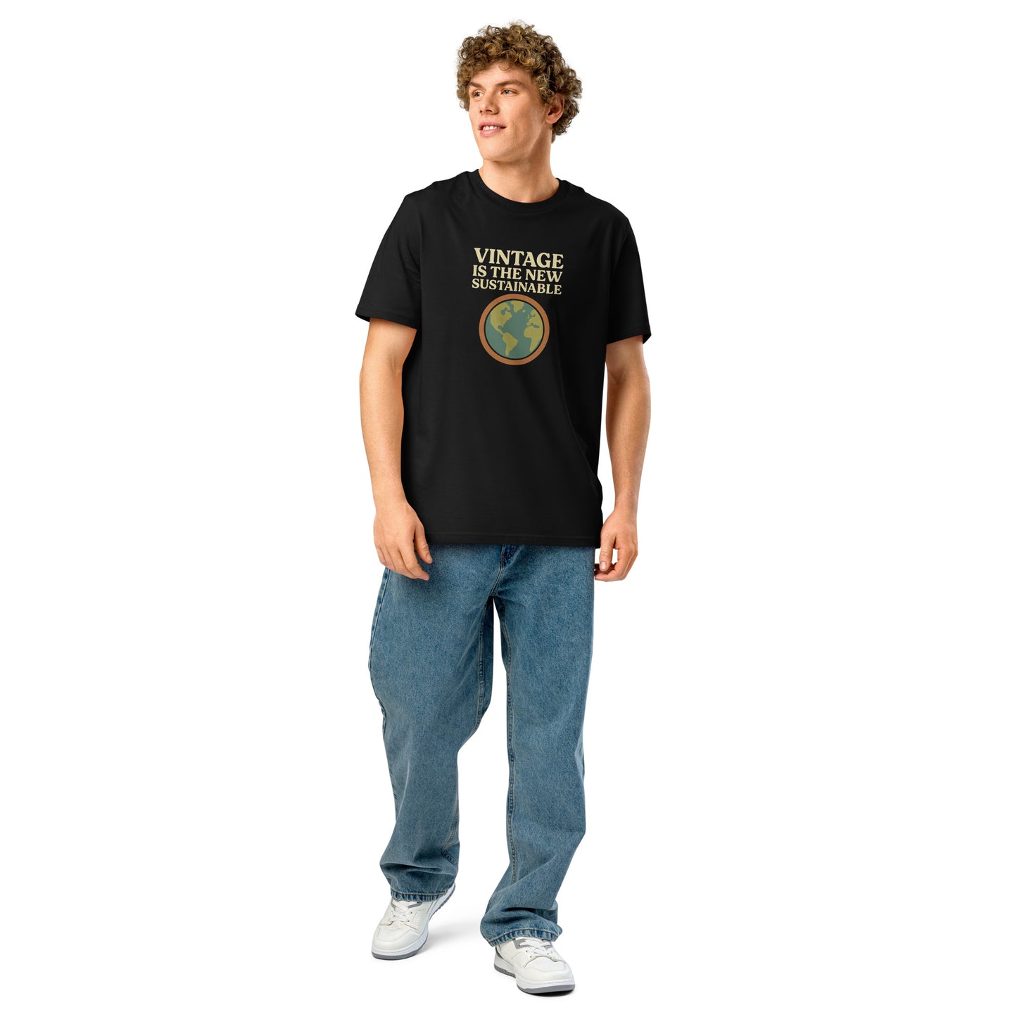 Product mockup men wearing black t-shirt with text and logo vintage is the new sustainable