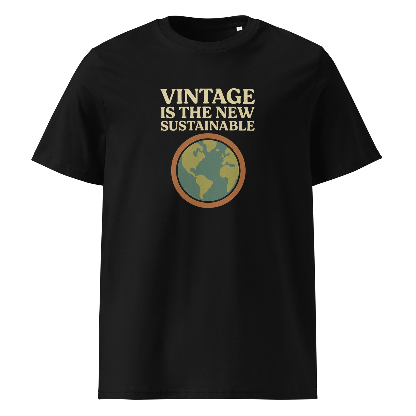 Product mockup front view black t-shirt with text and logo vintage is the new sustainable