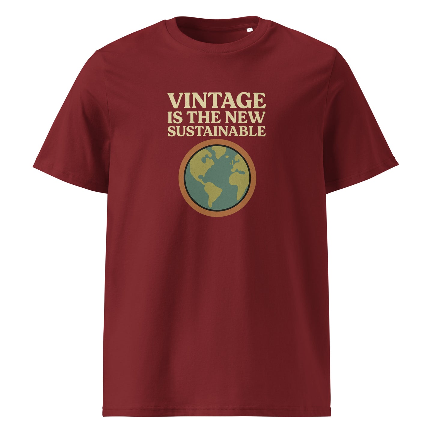 Product mockup font view red t-shirt with text and logo vintage is the new sustainable