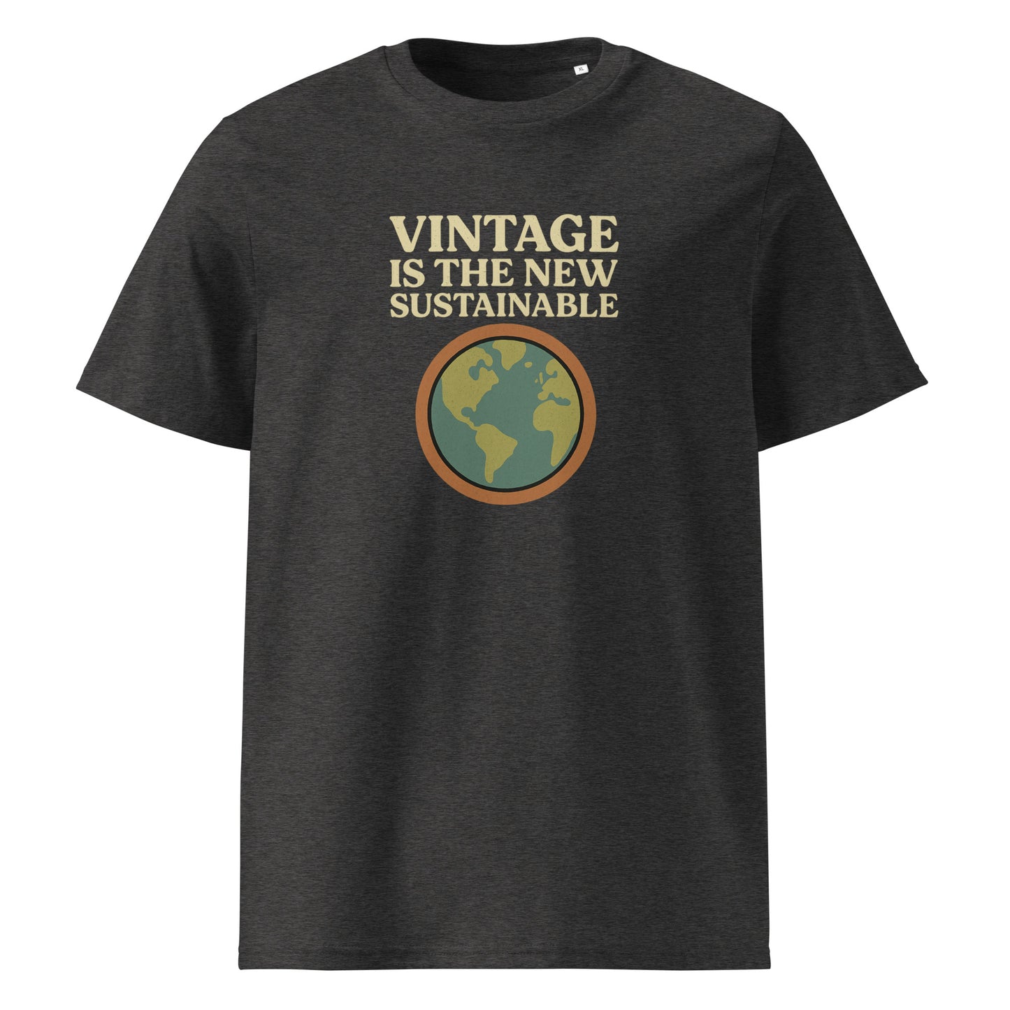 Product mockup grey t-shirt front view logo with text vintage is the new sustainable