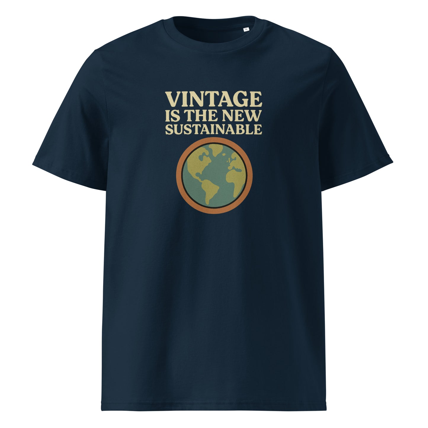 Product mockup front view navy t-shirt with text and logo vintage is the new sustainable