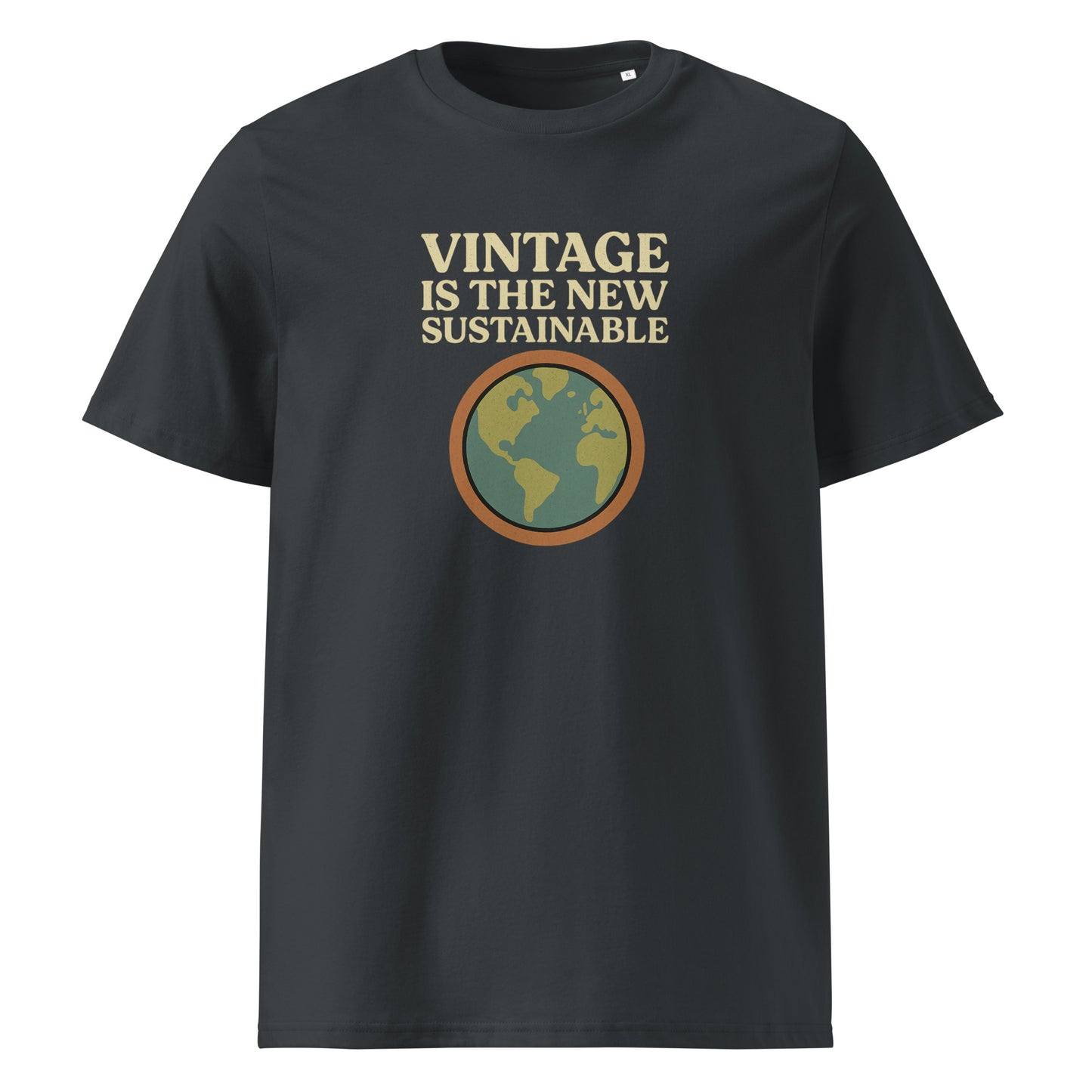 Product mockup front view blk t-shirt with logo and text vintage is the new sustainable
