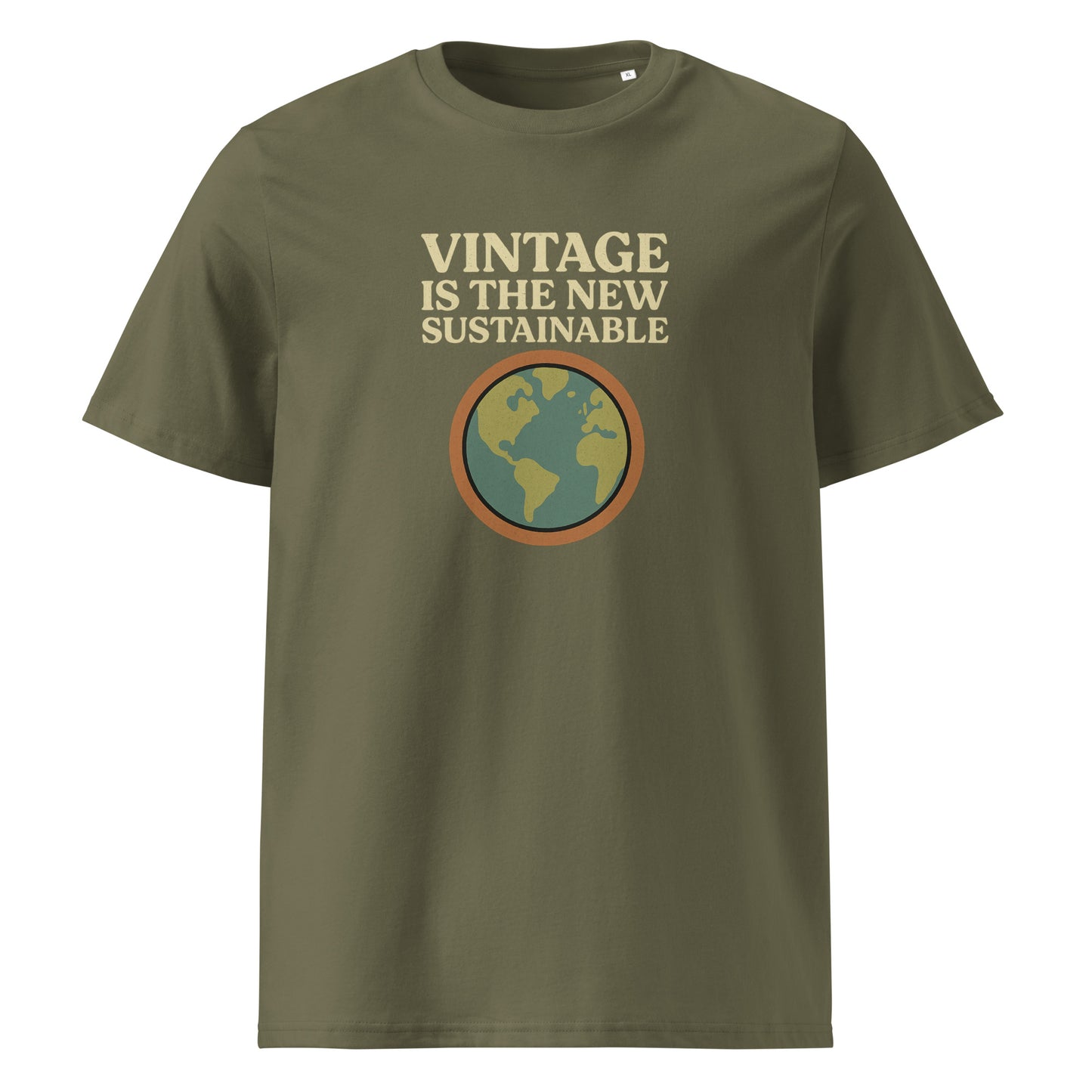 Product mockup front view kaki t-shirt with vintage is the new sustainable text