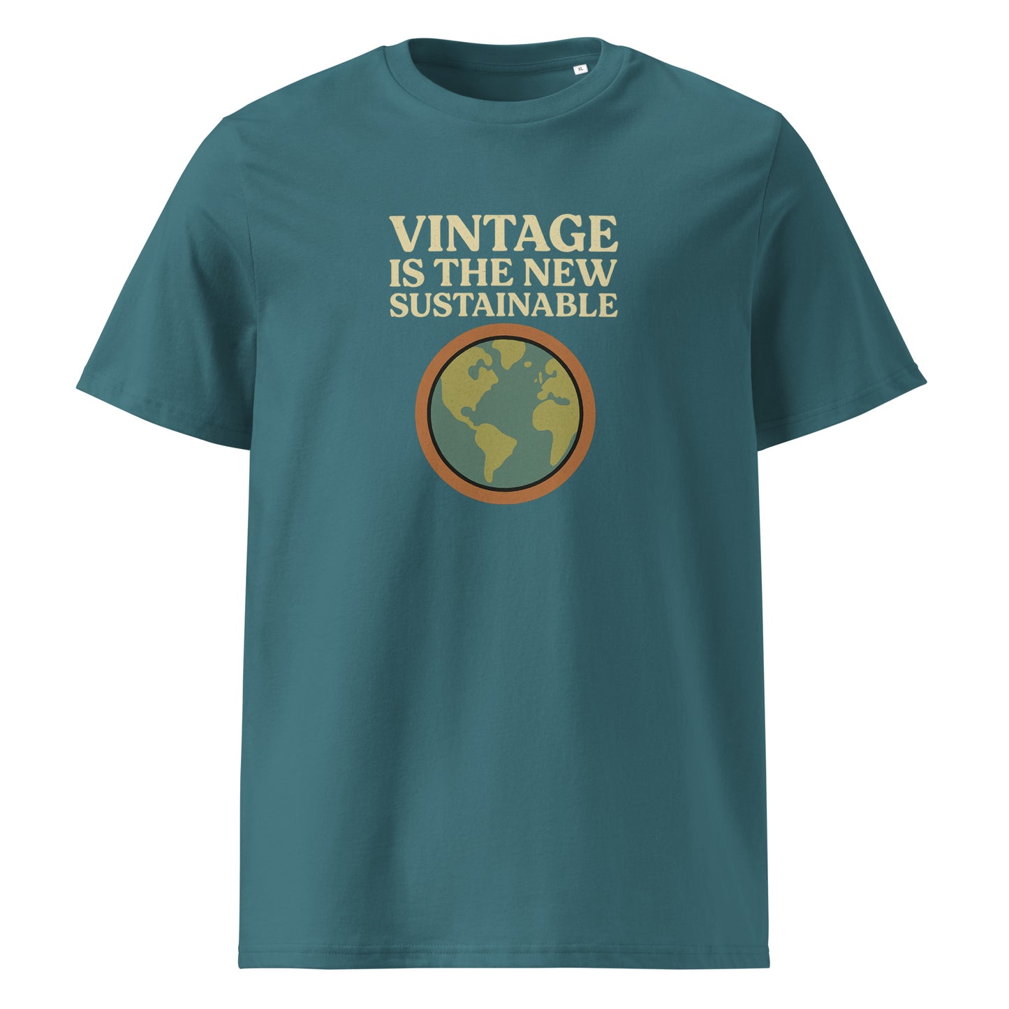 Product mockup blue t-shirt front view with logo vintage is the new sustainable