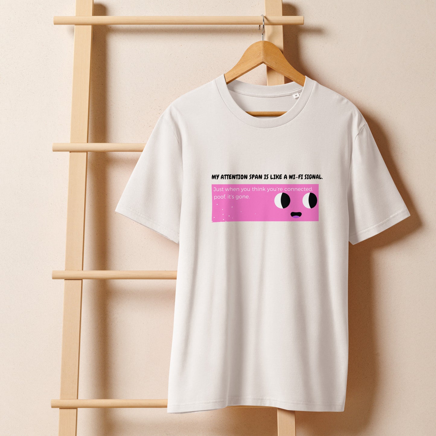 Product mockup white t-shirt hanging on a ladder with adhd text