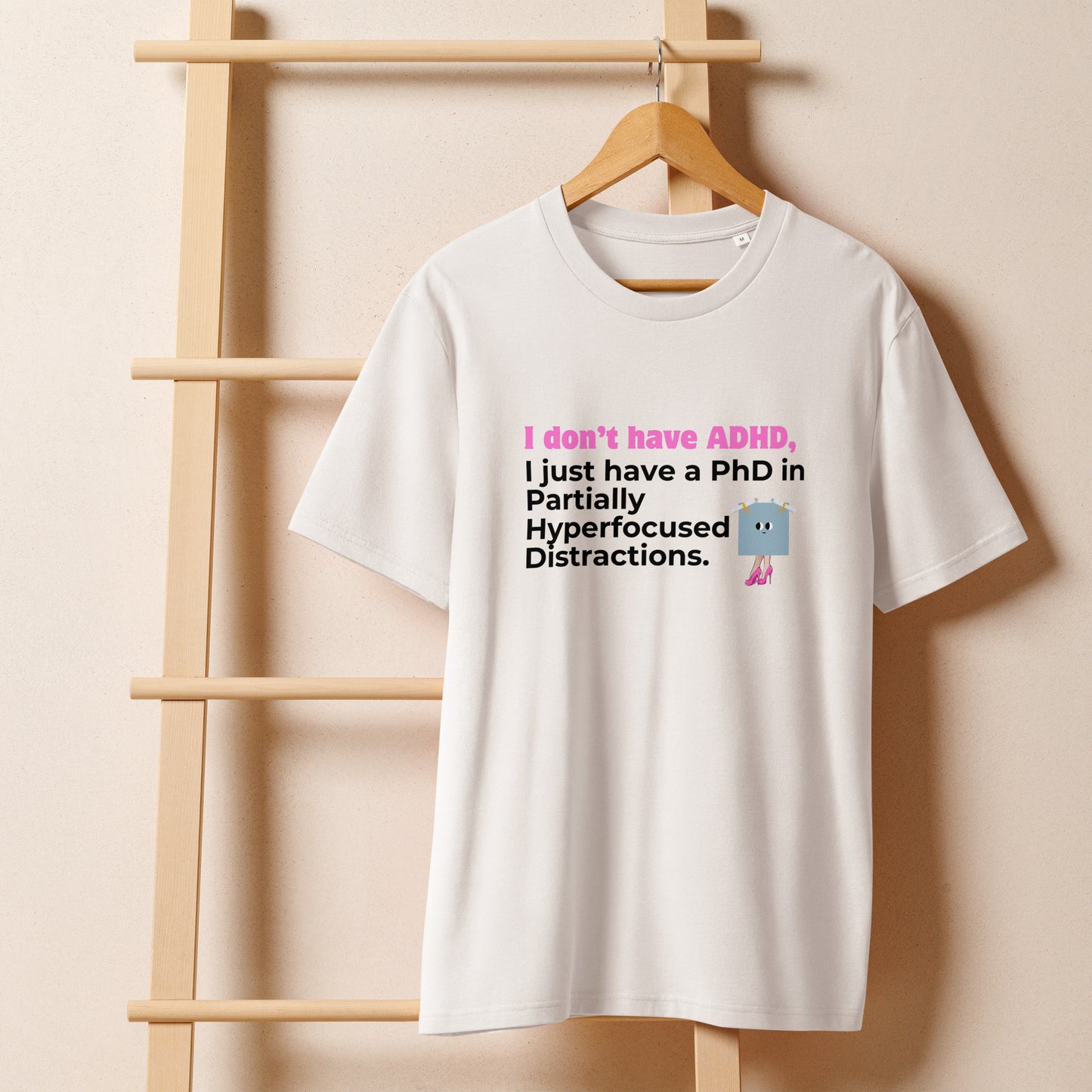 Product mockup white t-shirt hanging on a ladder with an hanger