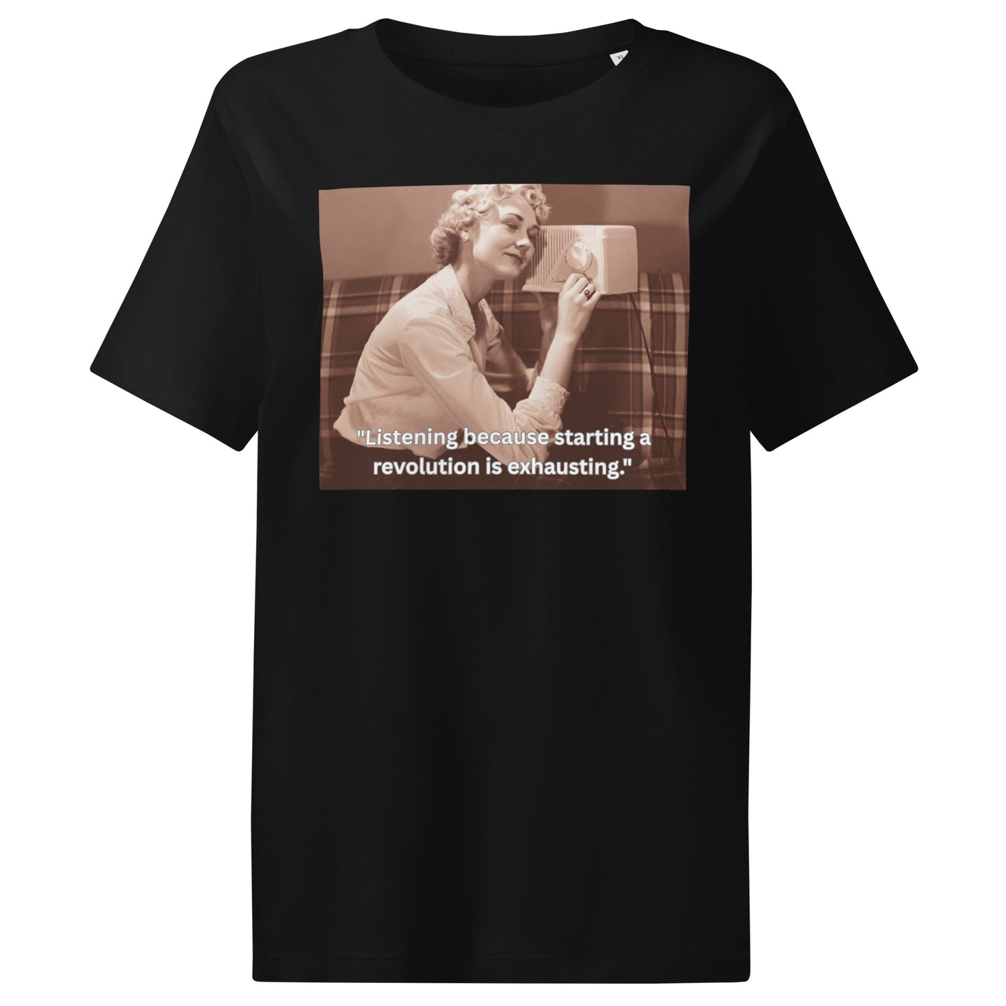 Product mockup front view of a black t-shirt image of a women listening radio and text vintage look