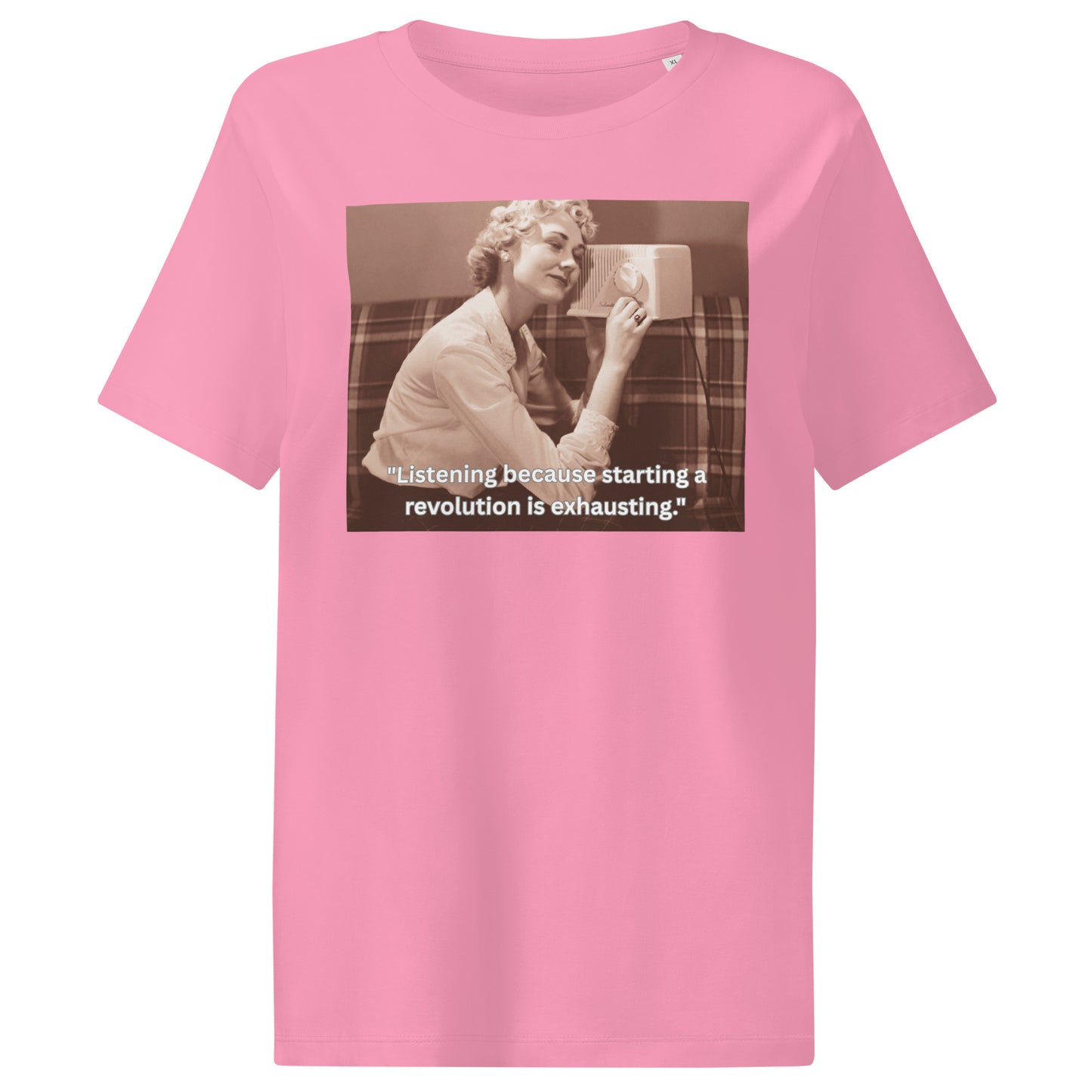 Product mockup front view of a pink t-shirt image of a women listening radio and text