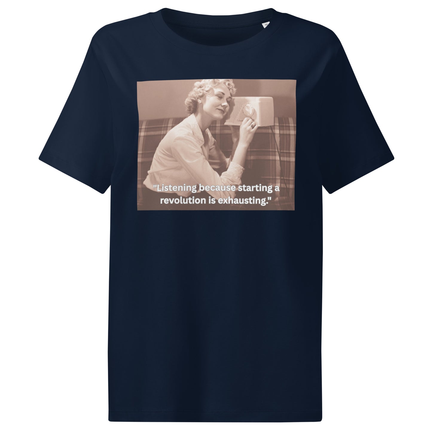 Product mockup front view navy t-shirt with image of a women listening radio and text
