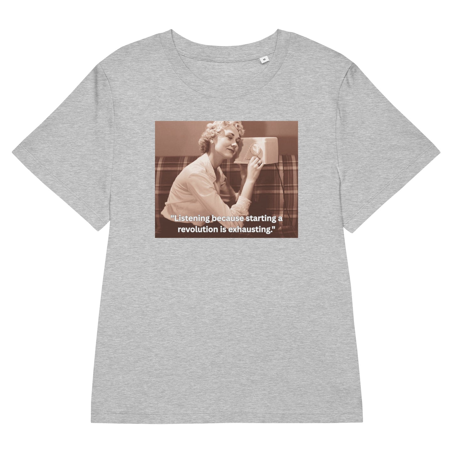 Product mockup front grey t-shirt image of a women listening radio and text