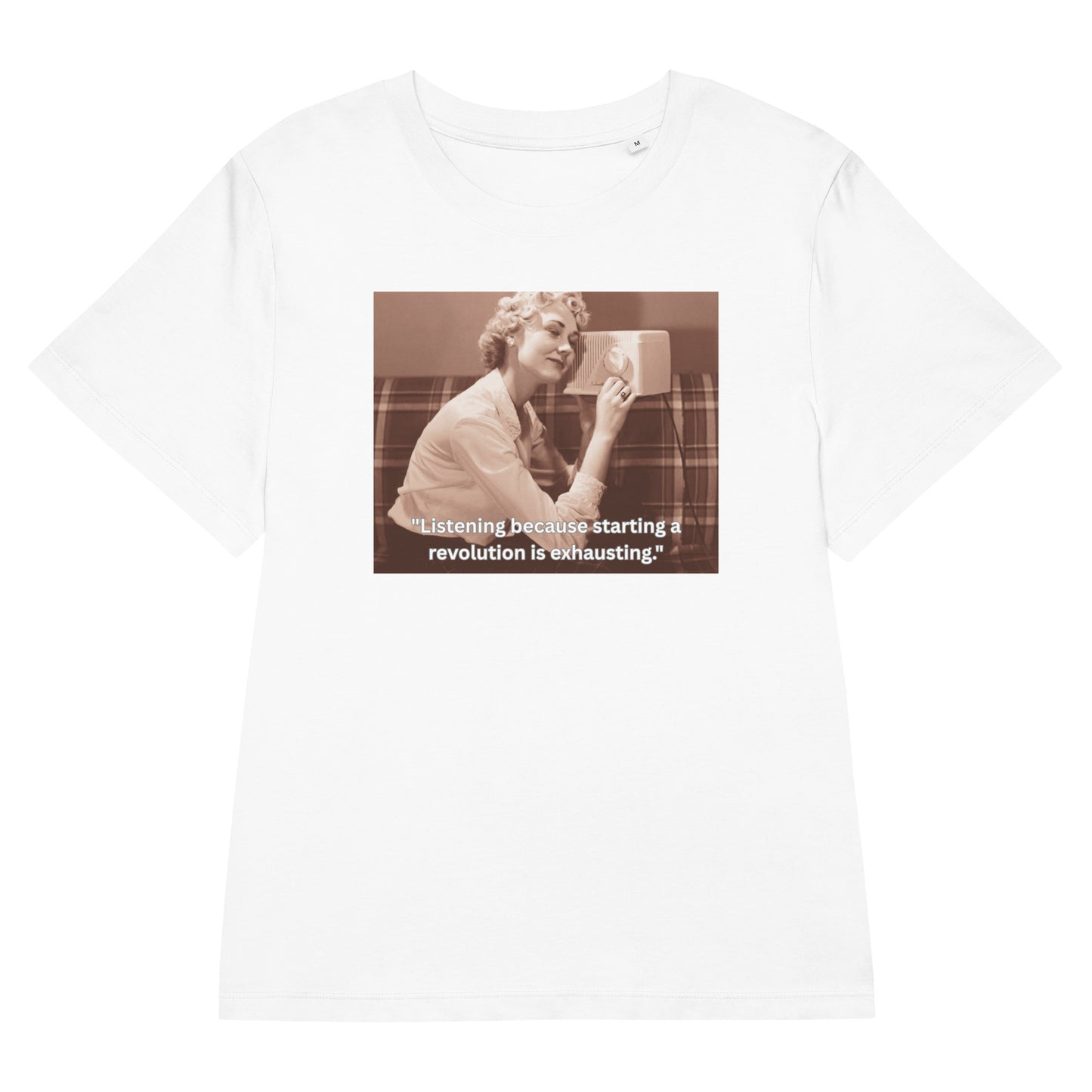 Product mockup white t-shirt front view image of a women listening radio and text