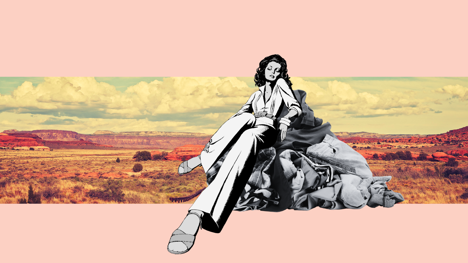 cartoon style of a women sitting on a pile of clothes in the desert