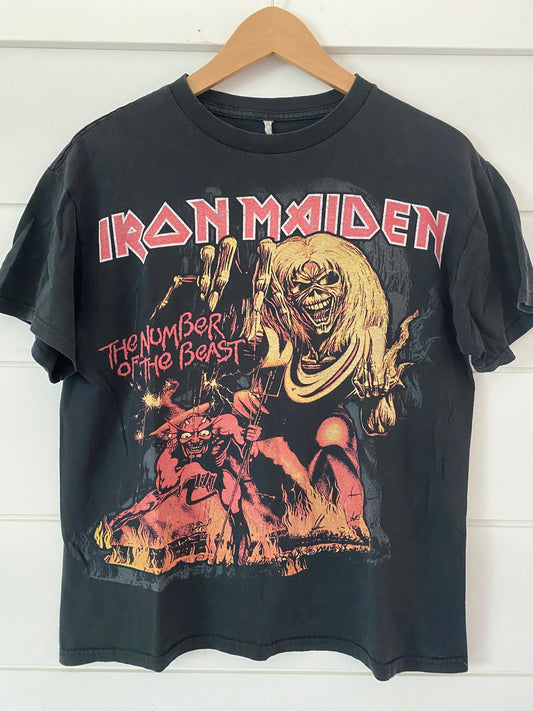 front of black short sleeve t-shirt iron maiden skull the number of the beast with devil