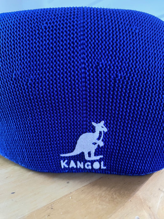 close up kangol blue hat with kangoroo