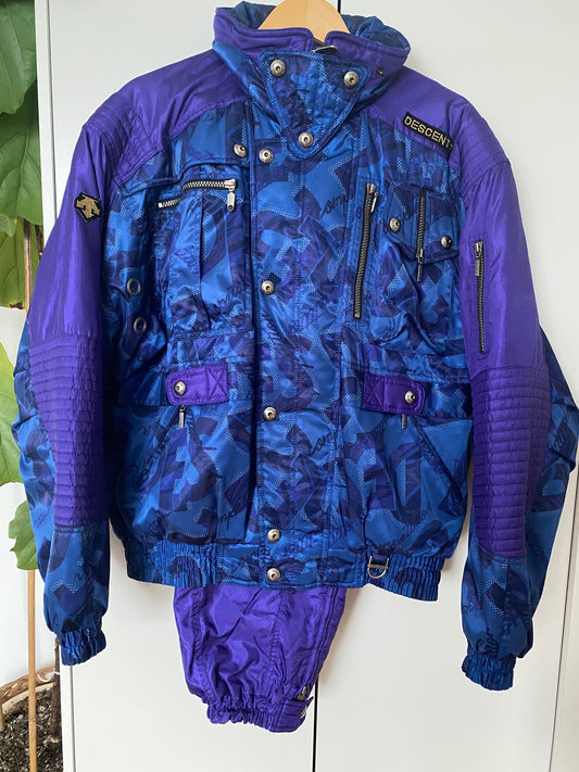 Vintage Purple and Blue Two Pieces Descente Ski Suit Men Large