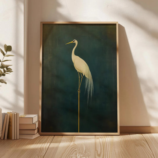 Retro Crane Japanese Style Canvas Print Green White Bird Gallery Wall Art Poster for Modern Living Room Dormitory Home Decor