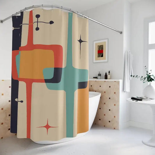 Mid-Century Modern Atomic Starburst Shower Curtain - Retro Geometric MCM Bath Decor
