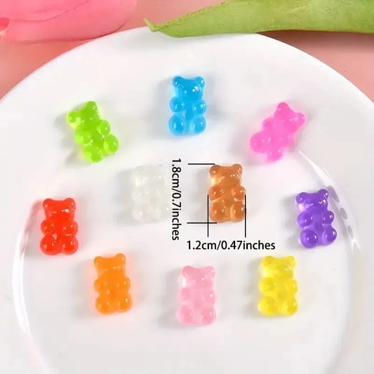 different colors gummies bears with size description inside a white plate