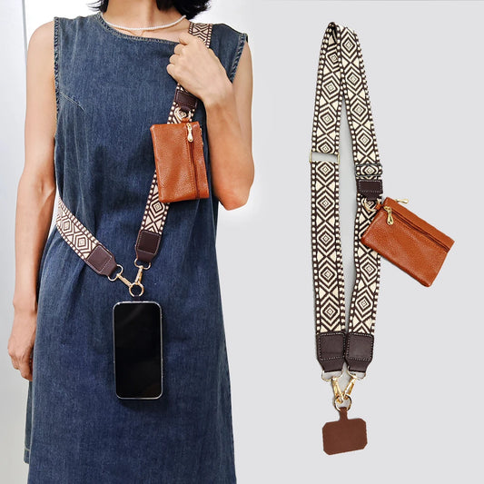 women wearing a brown cell phone strap and a display of this strap on her right