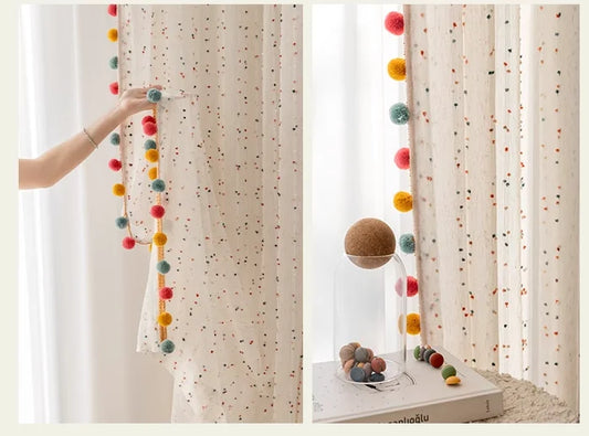 Retro Rainbow Pom-Pom Linen Curtain - Boho Chic Candy Bean Tulle for Living Room