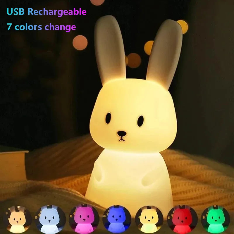 Adorable LED Rabbit Animal Night Light – Soft Silicone USB Rechargeable Lamp for Kids & Baby Rooms Sleeping light