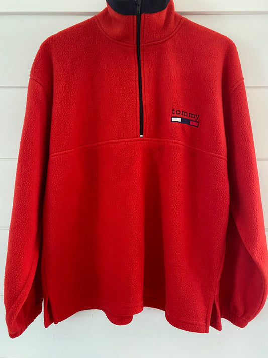 Tommy Hilfiger Vintage-Style Red Fleece Pullover | Made in Canada Retro Quarter-Zip