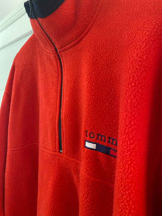 Tommy Hilfiger Vintage-Style Red Fleece Pullover | Made in Canada Retro Quarter-Zip