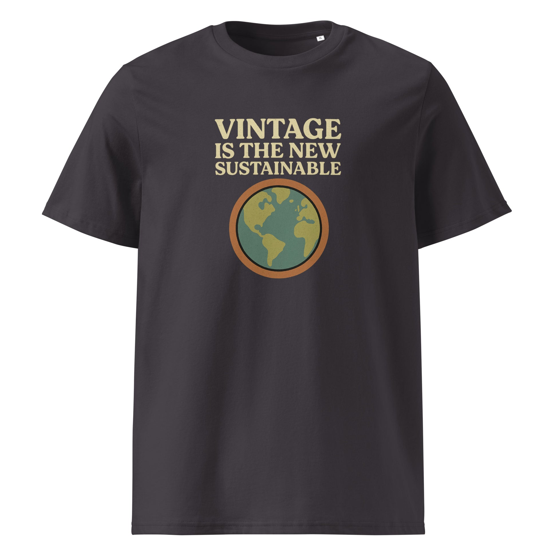 Product mockup grey t-shirt with logo and text vintage is the new sustainable