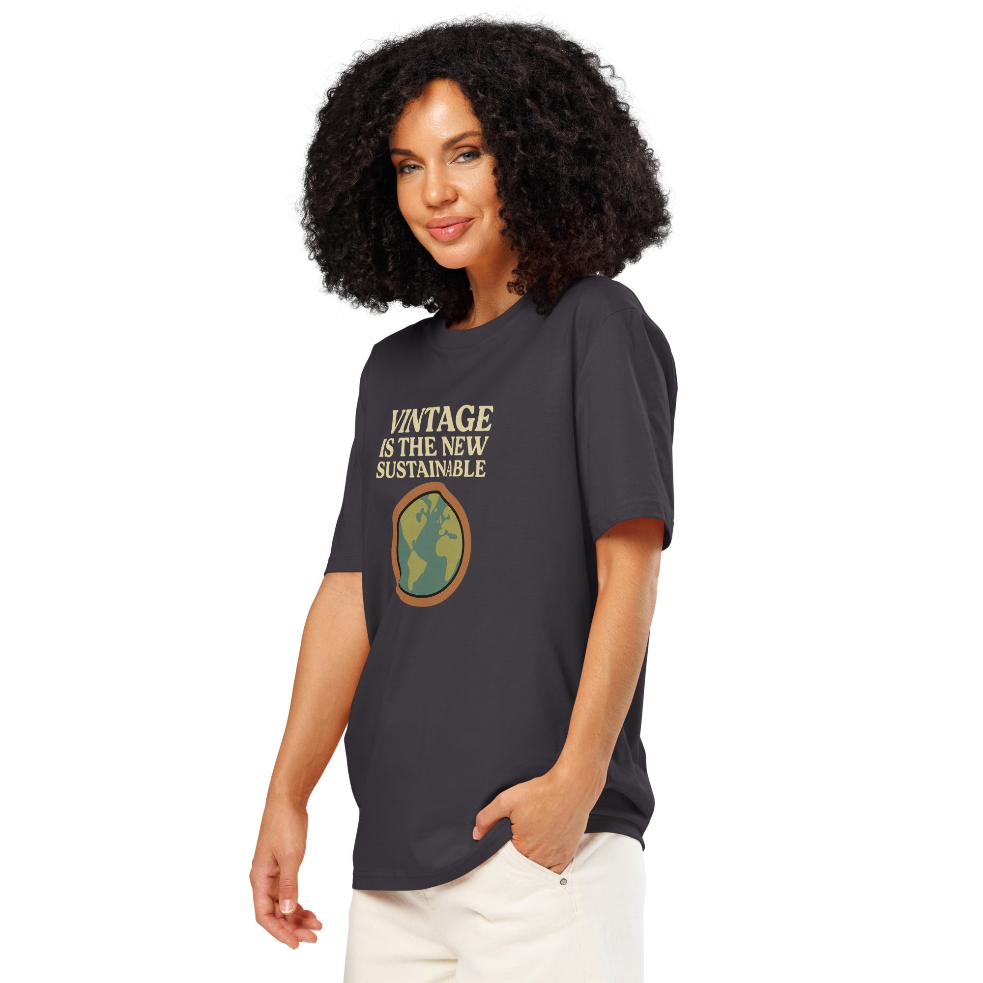 Product mockup women wearing grey t-shirt with text and logo vintage is the new sustainable