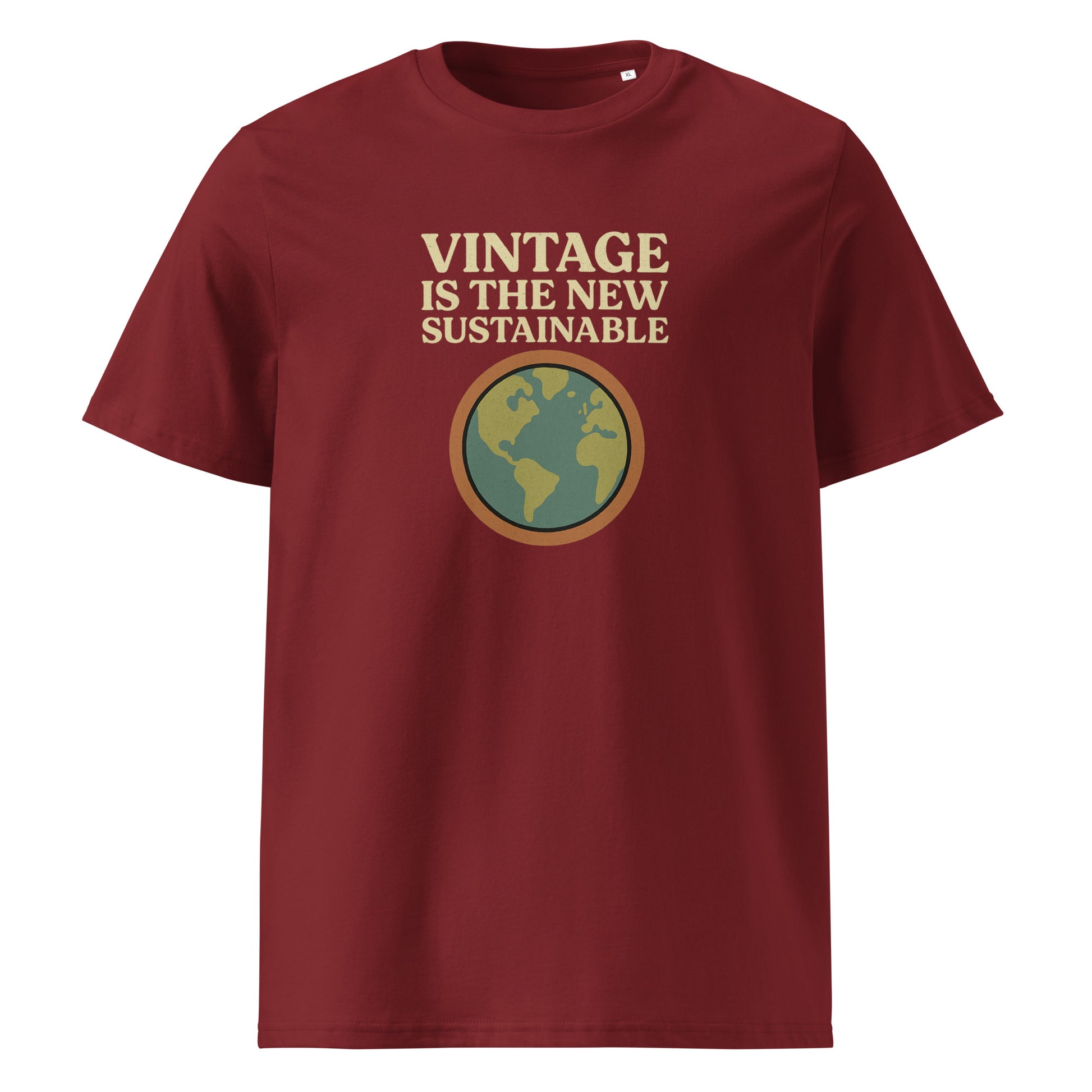Product mockup font view red t-shirt with text and logo vintage is the new sustainable