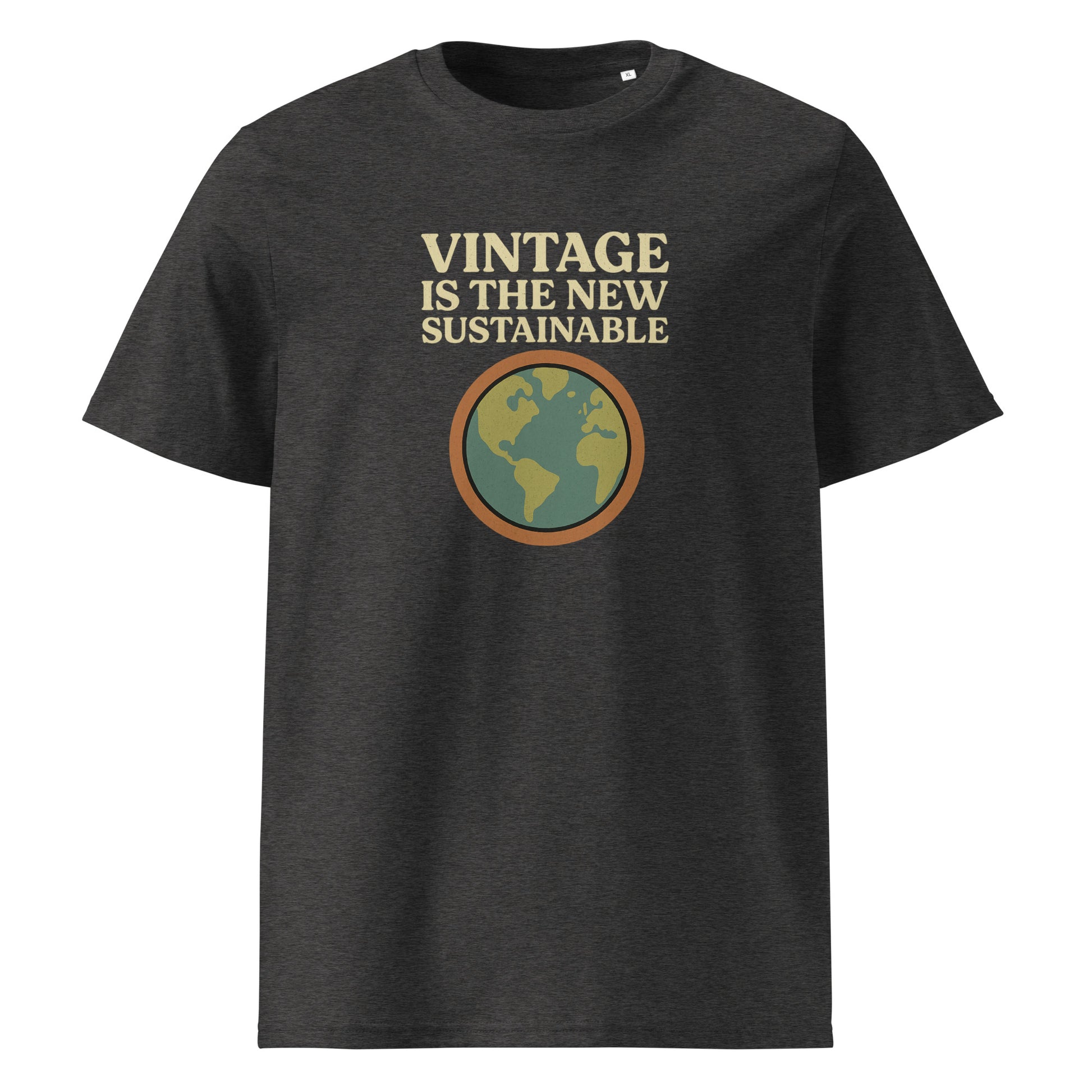 Product mockup grey t-shirt front view logo with text vintage is the new sustainable