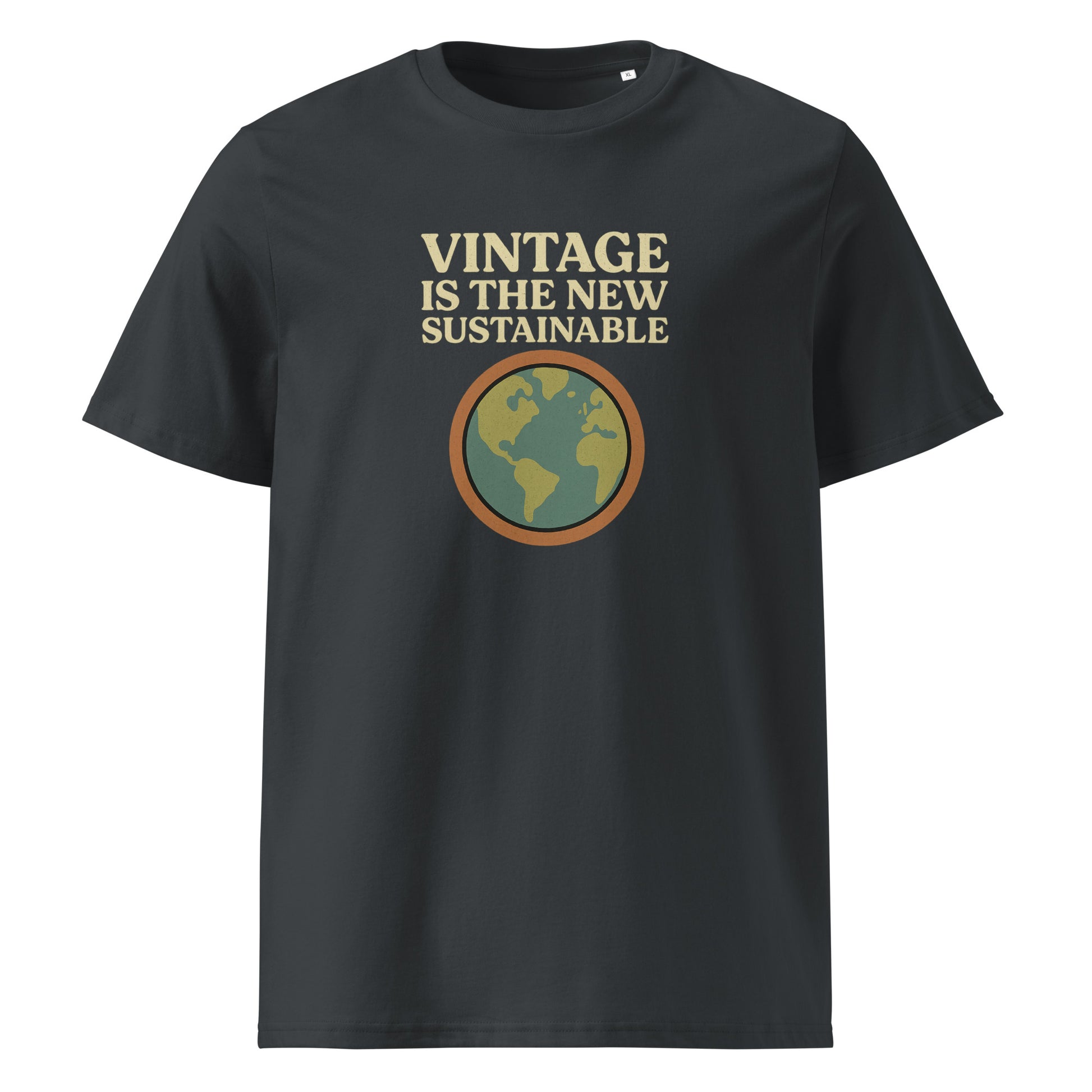 Product mockup front view blk t-shirt with logo and text vintage is the new sustainable