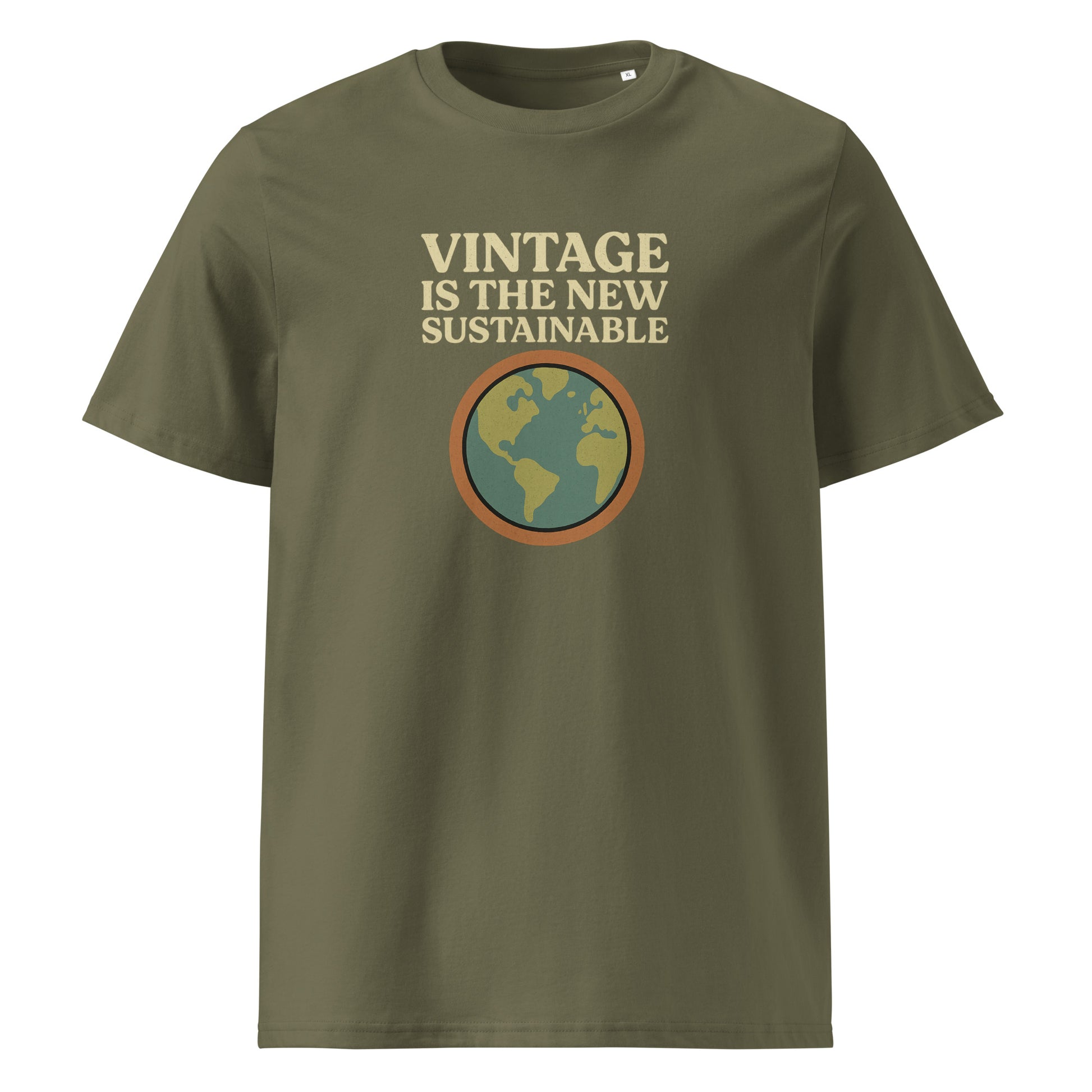 Product mockup front view kaki t-shirt with vintage is the new sustainable text