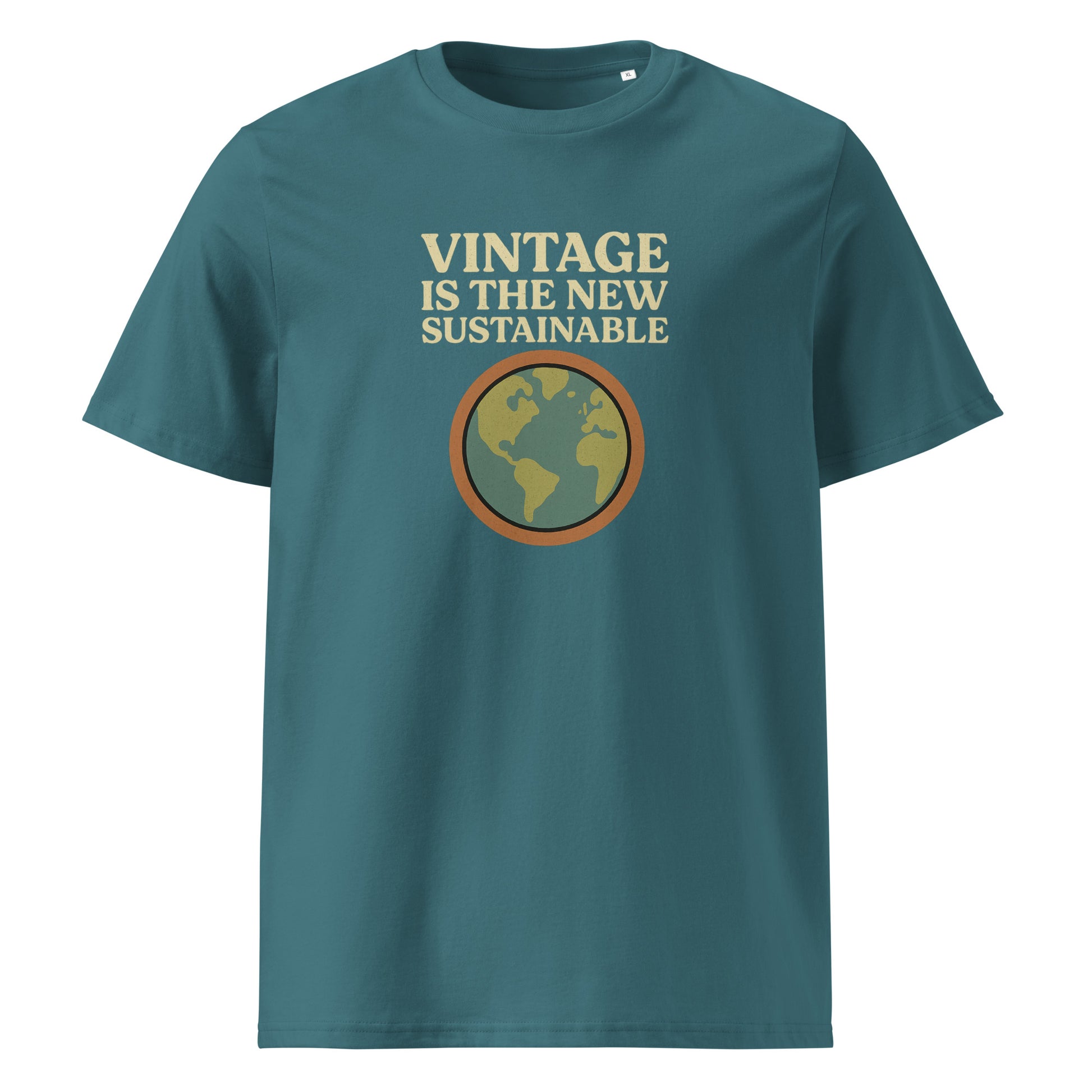 Product mockup blue t-shirt front view with logo vintage is the new sustainable