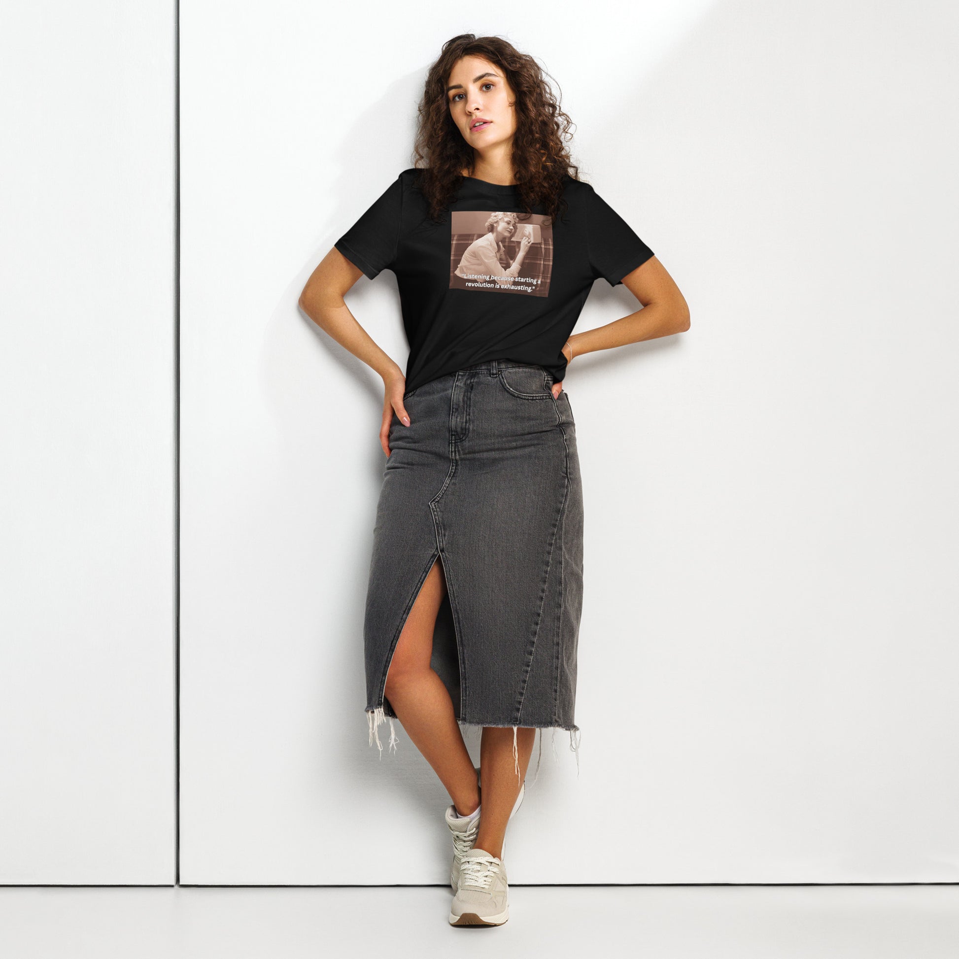 Product mockup women wearing a black t-shirt vintage look  image of a women listening radio and text 