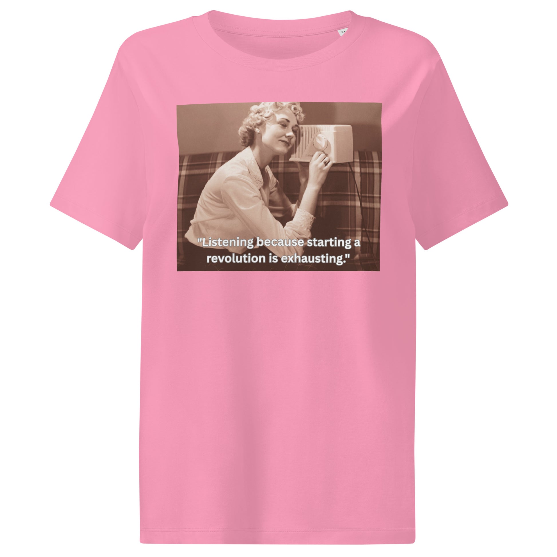 Product mockup front view of a pink t-shirt  image of a women listening radio and text 