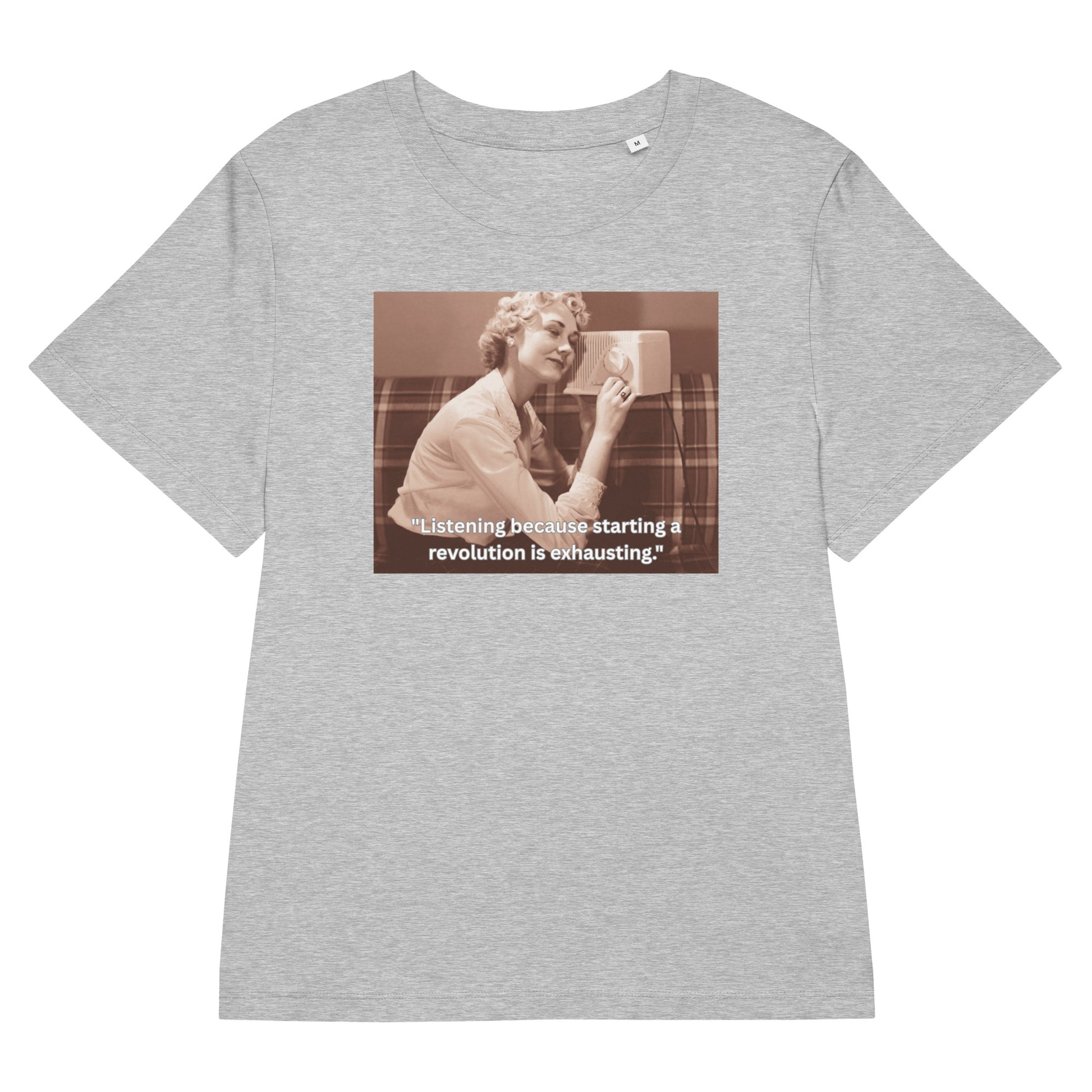 Product mockup front grey t-shirt  image of a women listening radio and text 