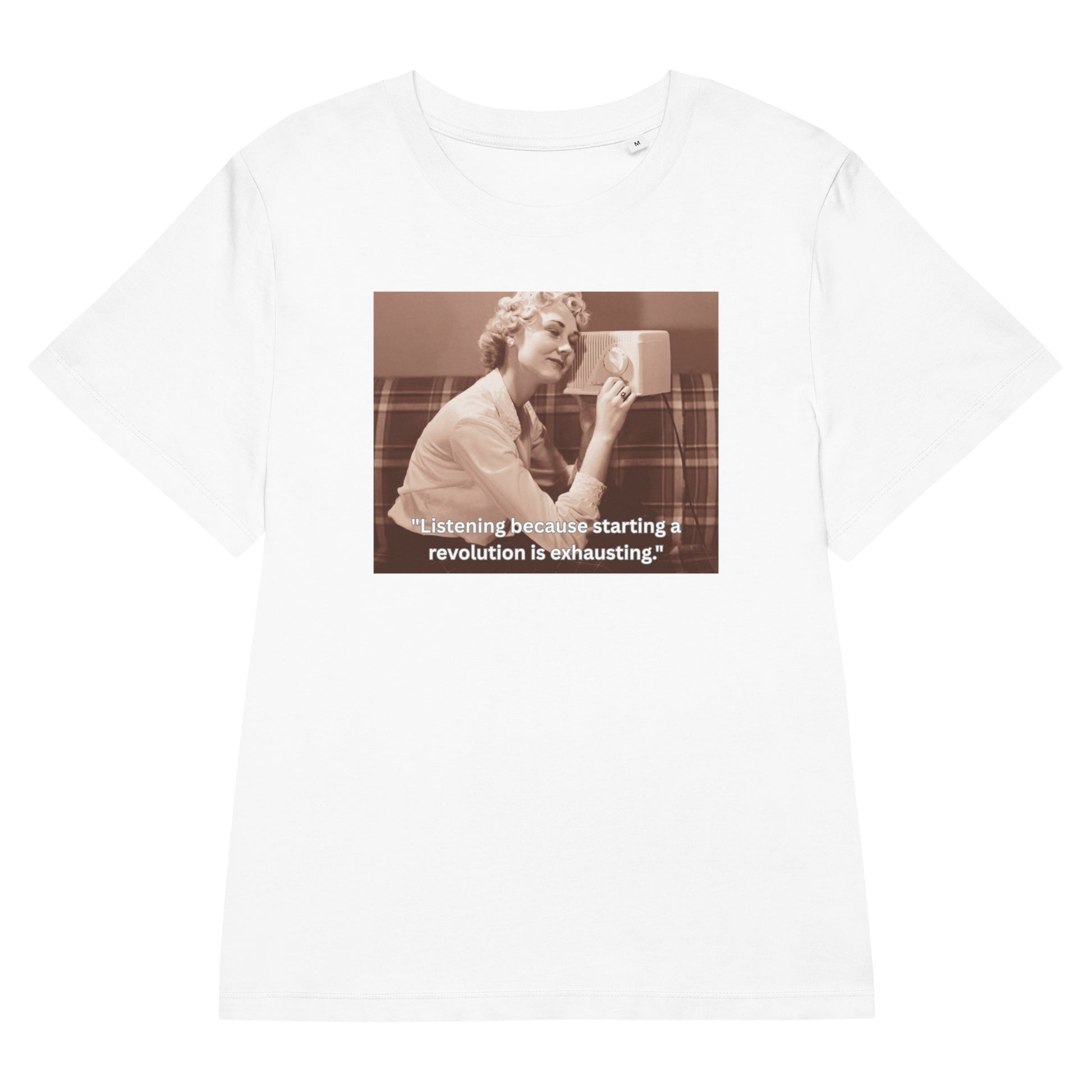 Product mockup white t-shirt front view  image of a women listening radio and text 